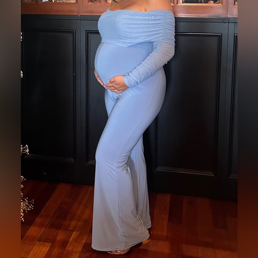 Club London POWDER BLUE MATERNITY RUCHED MESH BARDOT JUMPSUIT